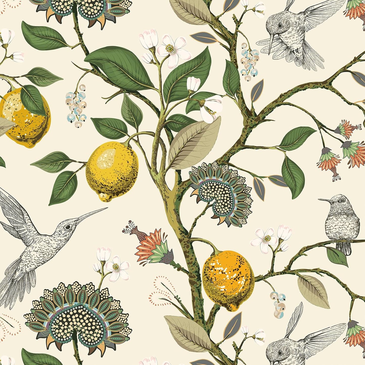 Vintage Bird & Lemon Tree Wallpaper Stick and Peel Boho Farmhouse Kitchen Waterproof Aesthetic Wall Paper Self Adhesive Neutral Cream Beige Hummingbird Yellow Lemon Contact Paper 17.5x78.8"