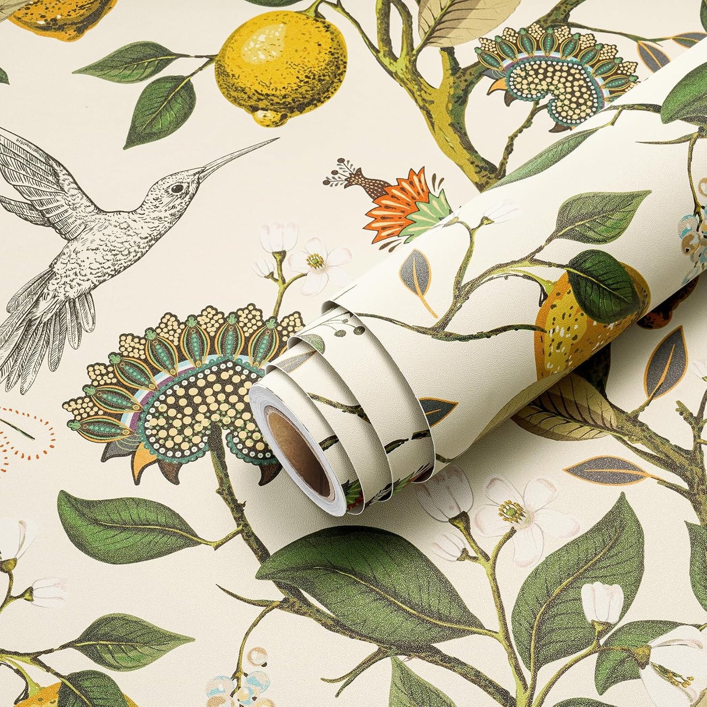 Vintage Bird & Lemon Tree Wallpaper Stick and Peel Boho Farmhouse Kitchen Waterproof Aesthetic Wall Paper Self Adhesive Neutral Cream Beige Hummingbird Yellow Lemon Contact Paper 17.5x78.8"