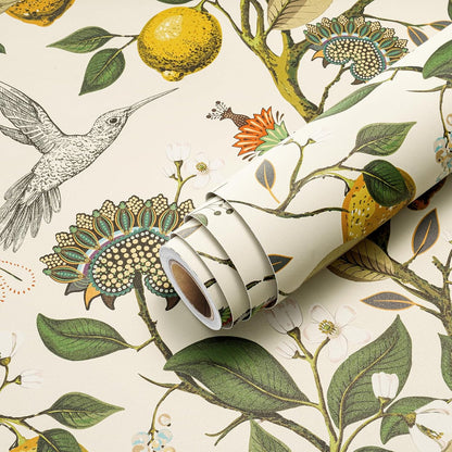 Vintage Bird & Lemon Tree Wallpaper Stick and Peel Boho Farmhouse Kitchen Waterproof Aesthetic Wall Paper Self Adhesive Neutral Cream Beige Hummingbird Yellow Lemon Contact Paper 17.5x78.8"