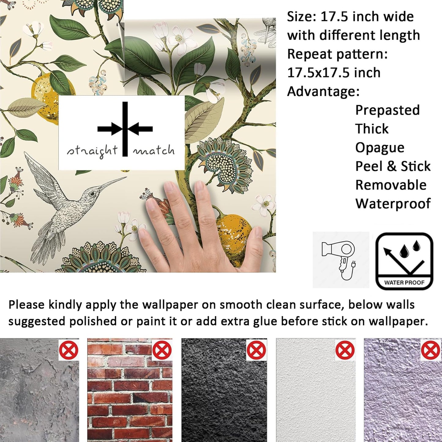 Vintage Bird & Lemon Tree Wallpaper Stick and Peel Boho Farmhouse Kitchen Waterproof Aesthetic Wall Paper Self Adhesive Neutral Cream Beige Hummingbird Yellow Lemon Contact Paper 17.5x78.8"