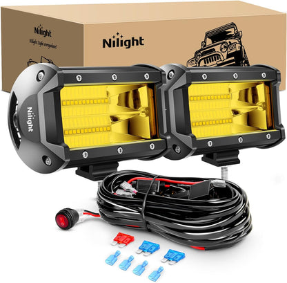 ZH304 Led Light Bar 2PCS 5Inch 72W 10800Lumens Yellow Flood Beam Fog Driving Lamps Off-Road Lights with 16AWG Wiring Harness Kit-2 Lead, 2 Year warranty