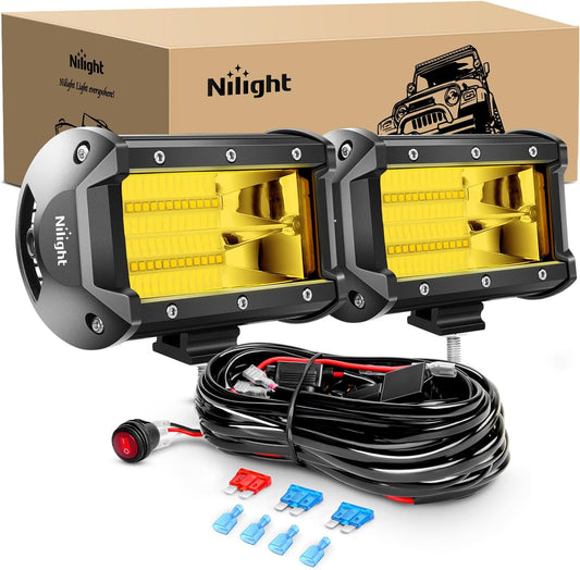 ZH304 Led Light Bar 2PCS 5Inch 72W 10800Lumens Yellow Flood Beam Fog Driving Lamps Off-Road Lights with 16AWG Wiring Harness Kit-2 Lead, 2 Year warranty