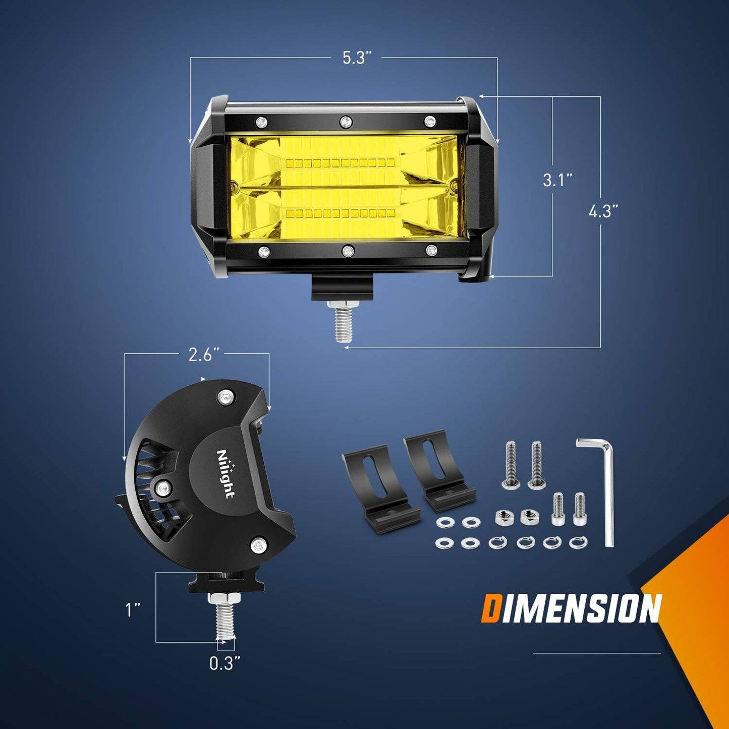 ZH304 Led Light Bar 2PCS 5Inch 72W 10800Lumens Yellow Flood Beam Fog Driving Lamps Off-Road Lights with 16AWG Wiring Harness Kit-2 Lead, 2 Year warranty