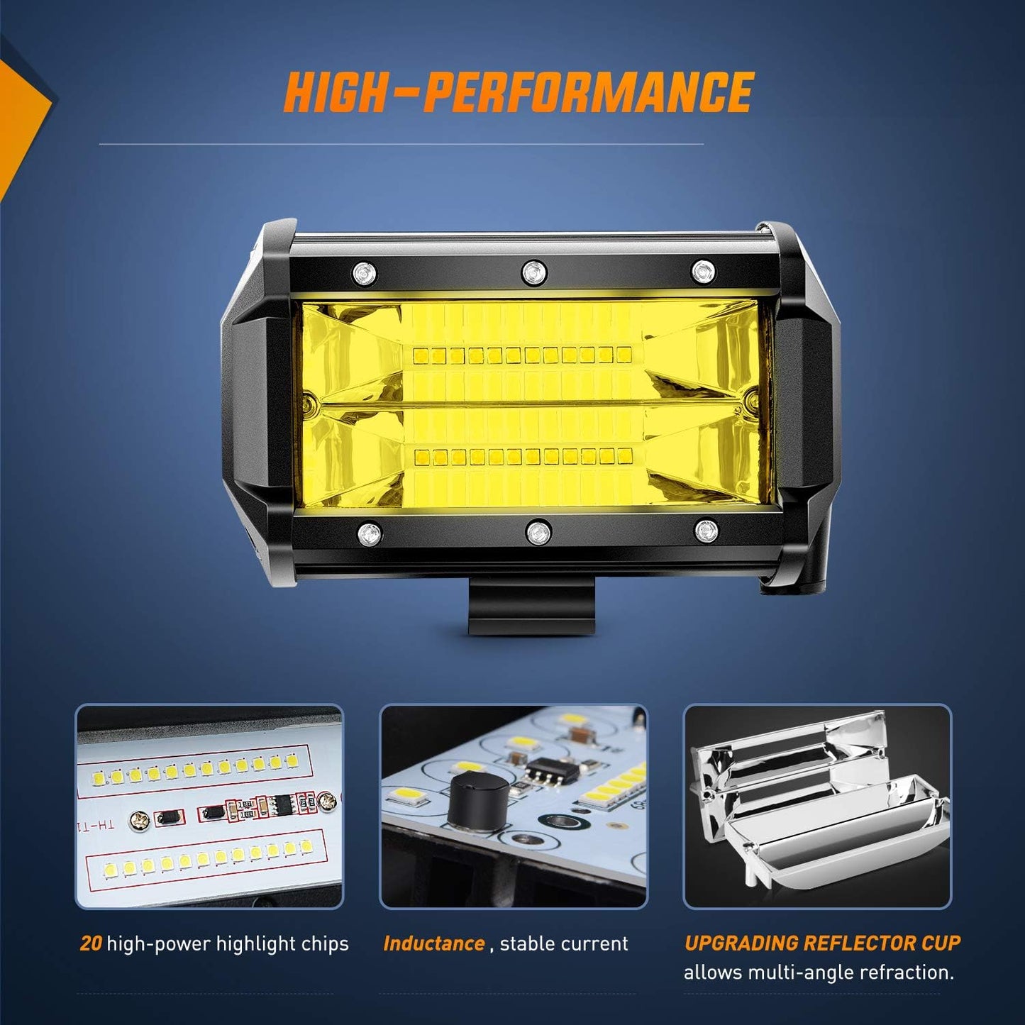 ZH304 Led Light Bar 2PCS 5Inch 72W 10800Lumens Yellow Flood Beam Fog Driving Lamps Off-Road Lights with 16AWG Wiring Harness Kit-2 Lead, 2 Year warranty