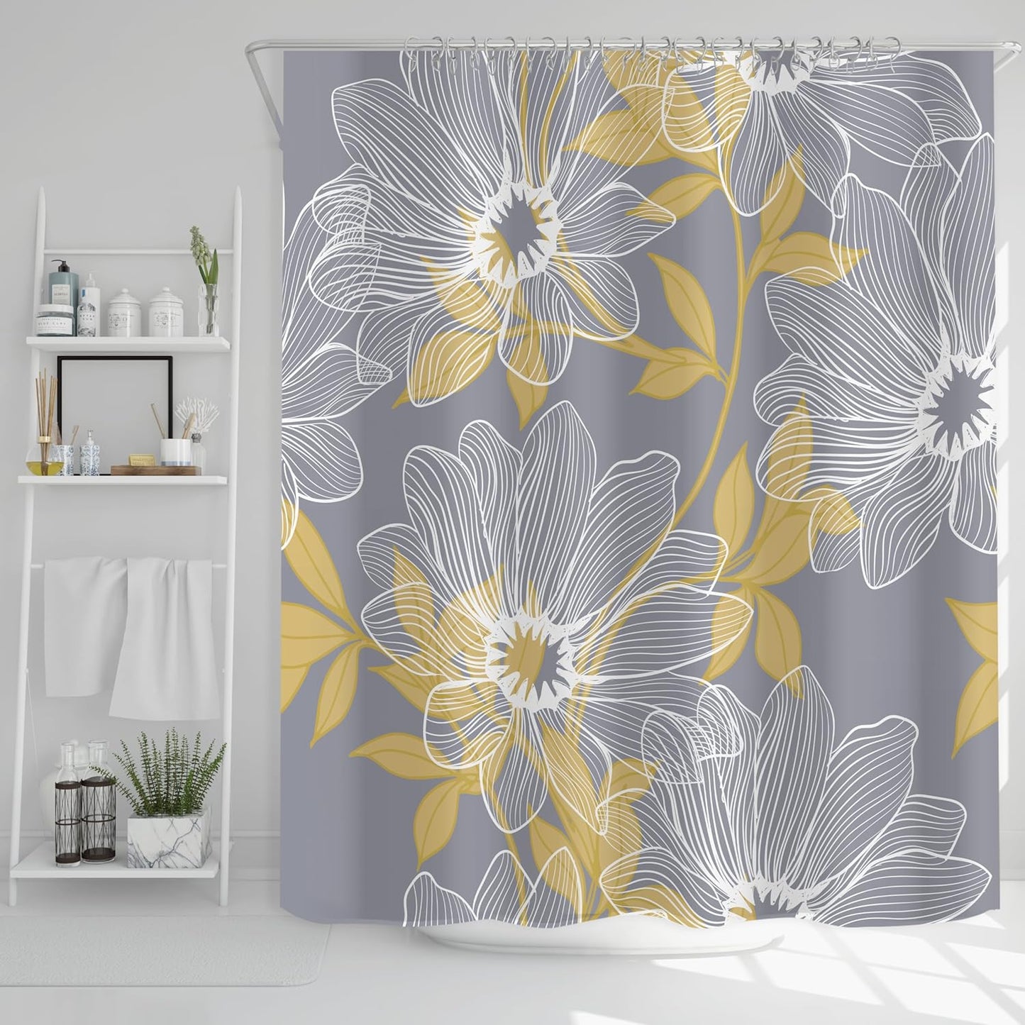 Unique Design Abstract Gray and Yellow Plants Flowers Fabric Shower Curtain, Mordern Art Curtain for Bathroom Décor Machine Washable 71" x 71" Grey