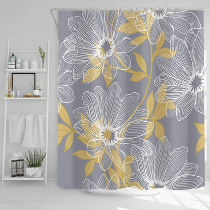 Unique Design Abstract Gray and Yellow Plants Flowers Fabric Shower Curtain, Mordern Art Curtain for Bathroom Décor Machine Washable 71" x 71" Grey