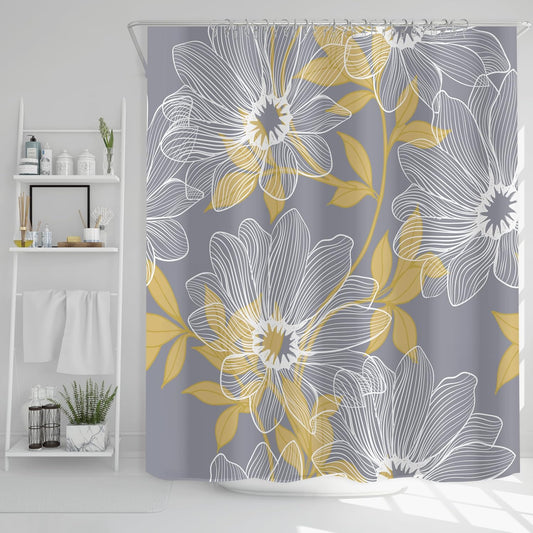 Unique Design Abstract Gray and Yellow Plants Flowers Fabric Shower Curtain, Mordern Art Curtain for Bathroom Décor Machine Washable 71" x 71" Grey