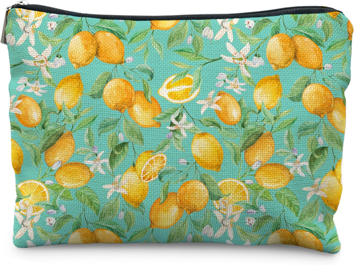 Lemon Makeup Bag for Women, Lemon Themed Gifts, Teal Summer Fruit Citrus Flower Portable Cosmetic Bag Travel Toiletry Zipper Pouch