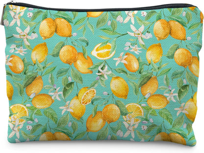 Lemon Makeup Bag for Women, Lemon Themed Gifts, Teal Summer Fruit Citrus Flower Portable Cosmetic Bag Travel Toiletry Zipper Pouch