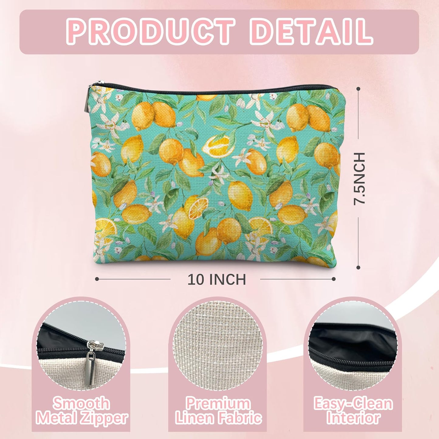 Lemon Makeup Bag for Women, Lemon Themed Gifts, Teal Summer Fruit Citrus Flower Portable Cosmetic Bag Travel Toiletry Zipper Pouch