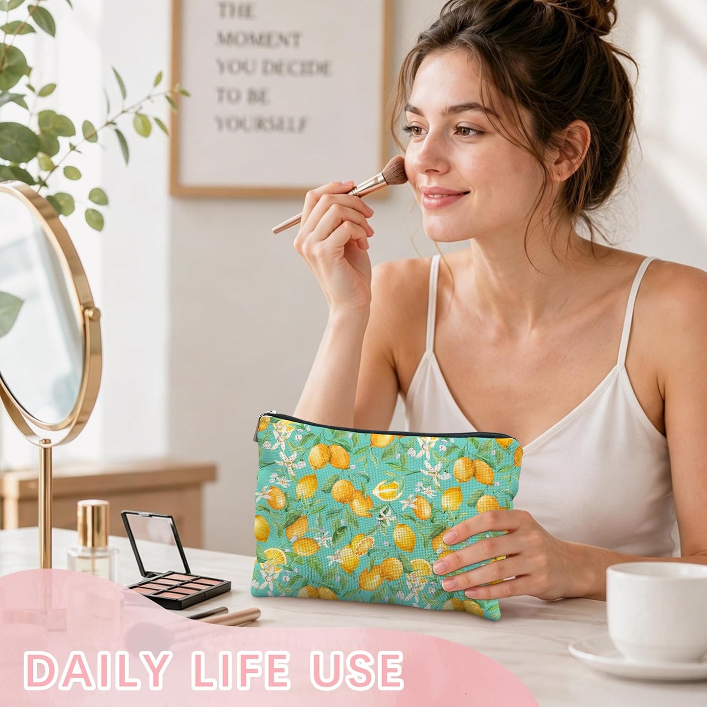 Lemon Makeup Bag for Women, Lemon Themed Gifts, Teal Summer Fruit Citrus Flower Portable Cosmetic Bag Travel Toiletry Zipper Pouch