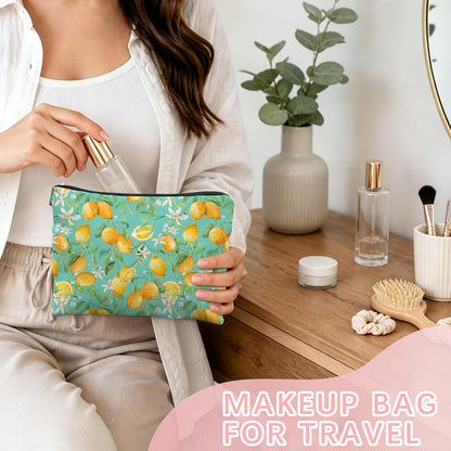 Lemon Makeup Bag for Women, Lemon Themed Gifts, Teal Summer Fruit Citrus Flower Portable Cosmetic Bag Travel Toiletry Zipper Pouch