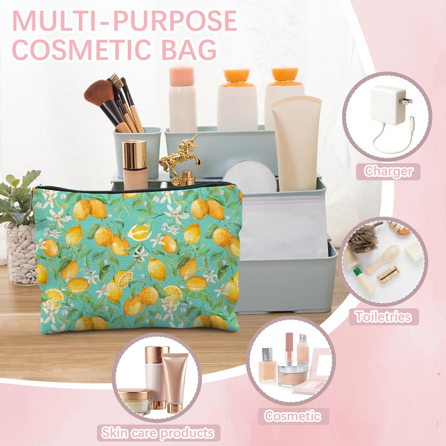 Lemon Makeup Bag for Women, Lemon Themed Gifts, Teal Summer Fruit Citrus Flower Portable Cosmetic Bag Travel Toiletry Zipper Pouch