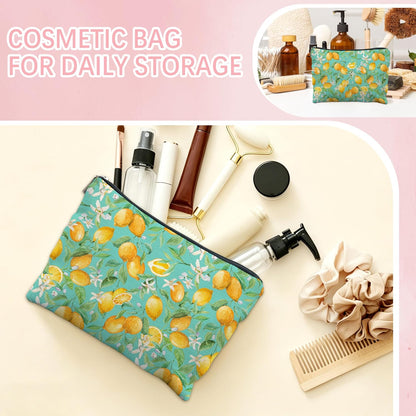 Lemon Makeup Bag for Women, Lemon Themed Gifts, Teal Summer Fruit Citrus Flower Portable Cosmetic Bag Travel Toiletry Zipper Pouch