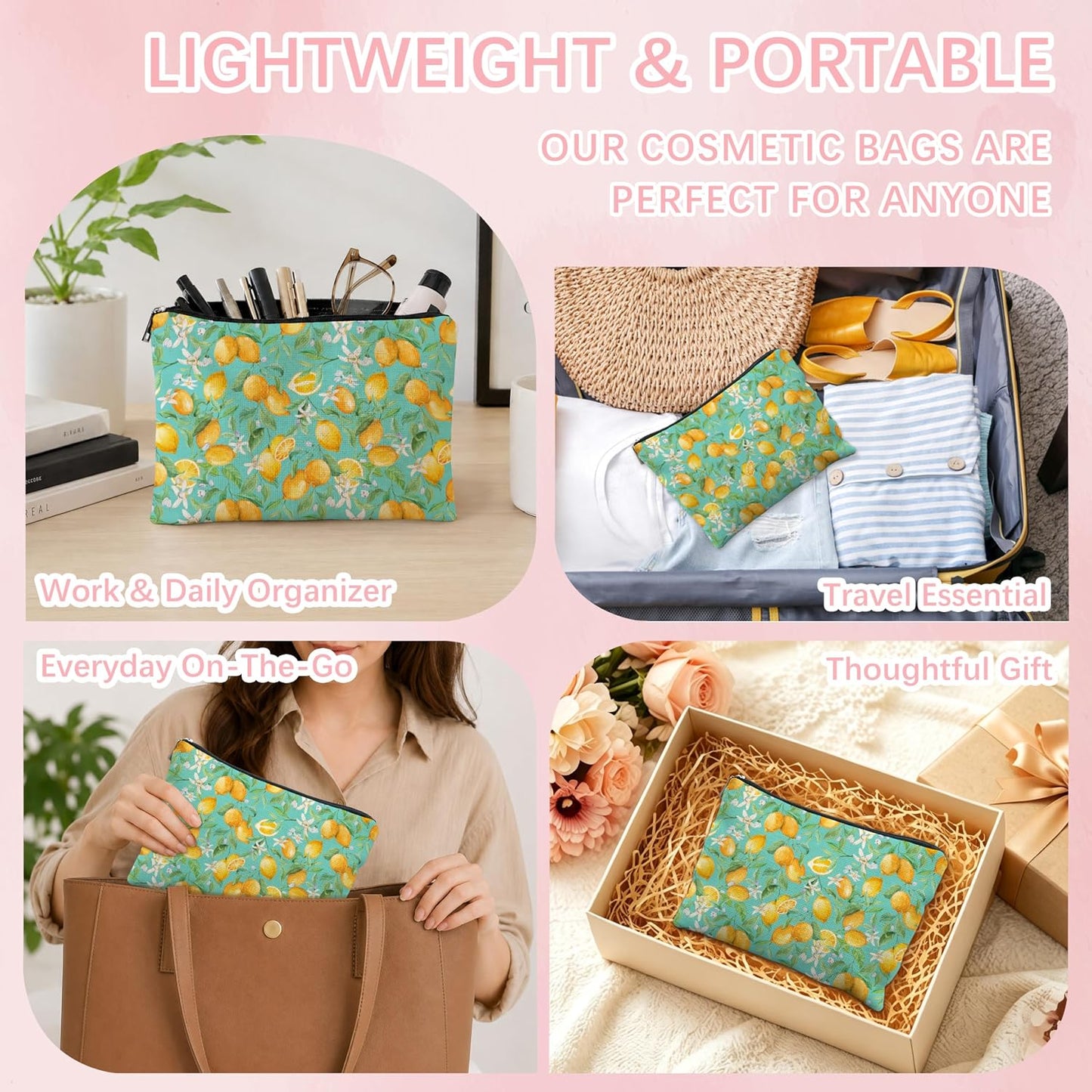 Lemon Makeup Bag for Women, Lemon Themed Gifts, Teal Summer Fruit Citrus Flower Portable Cosmetic Bag Travel Toiletry Zipper Pouch