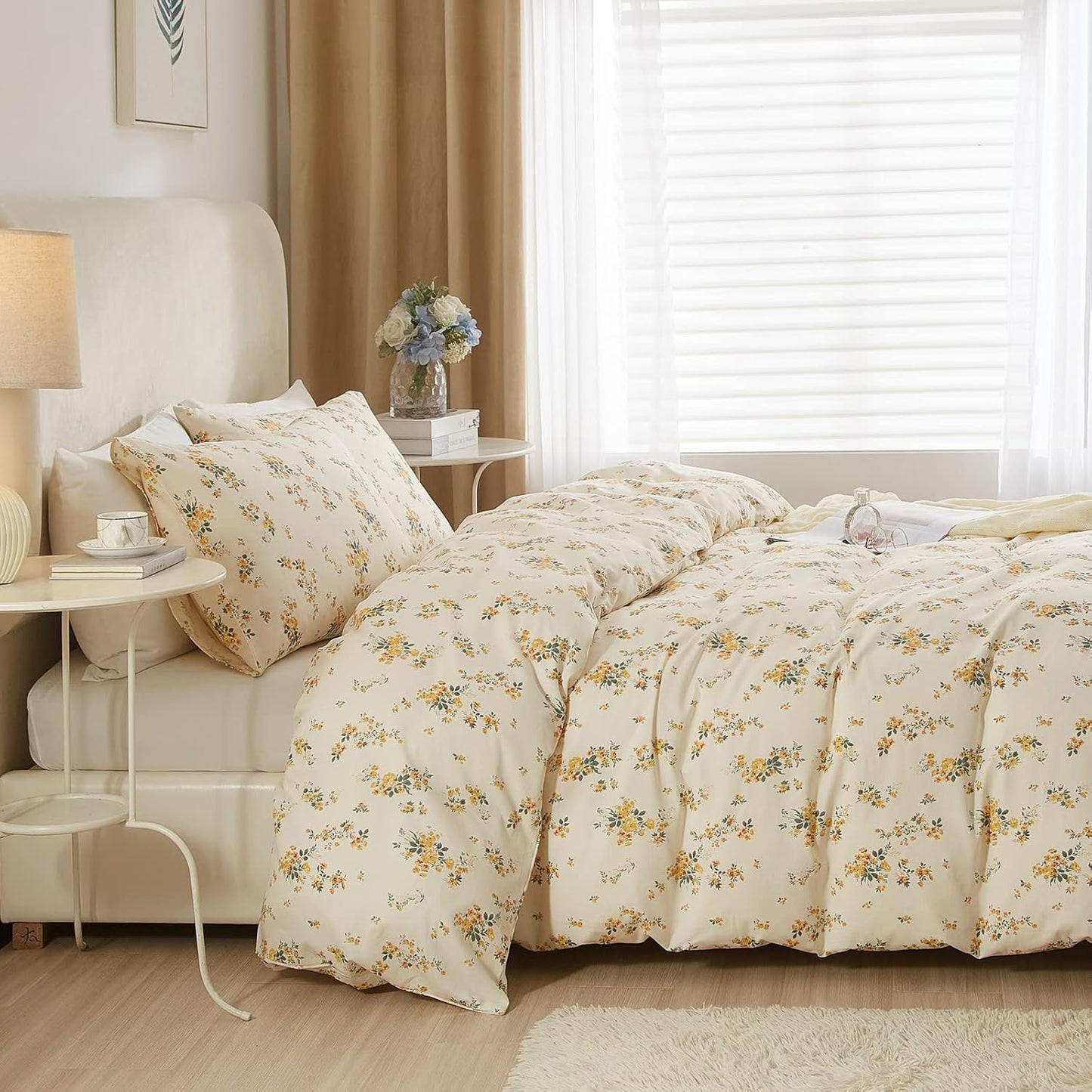 Yellow Floral Comforter Full Size Boho Flower Leaves Pattern Printed Bedding Sets Cute Floral Soft Fluffy Comforter with 2 Pillowcases, Botanical Bed Set for All Season-Full Size