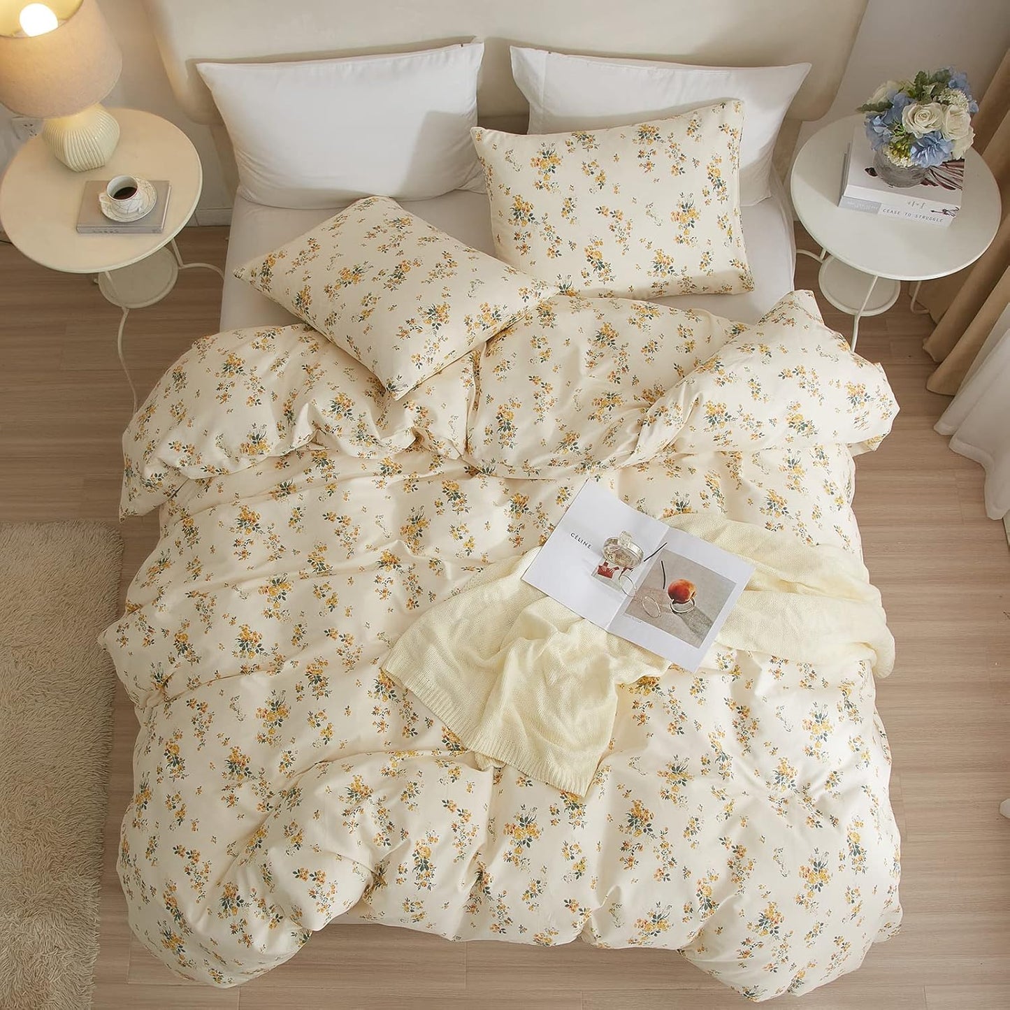 Yellow Floral Comforter Full Size Boho Flower Leaves Pattern Printed Bedding Sets Cute Floral Soft Fluffy Comforter with 2 Pillowcases, Botanical Bed Set for All Season-Full Size
