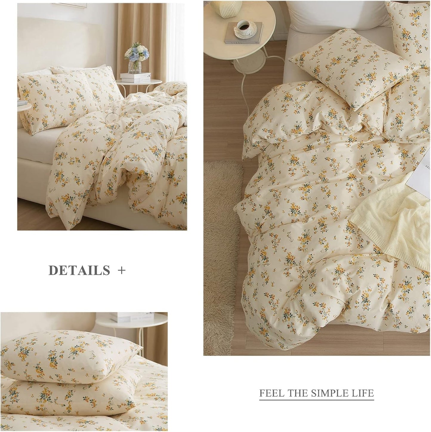 Yellow Floral Comforter Full Size Boho Flower Leaves Pattern Printed Bedding Sets Cute Floral Soft Fluffy Comforter with 2 Pillowcases, Botanical Bed Set for All Season-Full Size