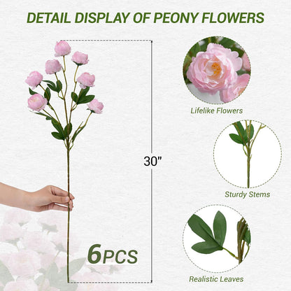 42 Heads Peonies Artificial Flowers – 6 Faux Peony Stems for Vase, 30” Tall Silk Fake Peony Flowers for Wedding Bouquets, Centerpieces Arrangements (Yellow)