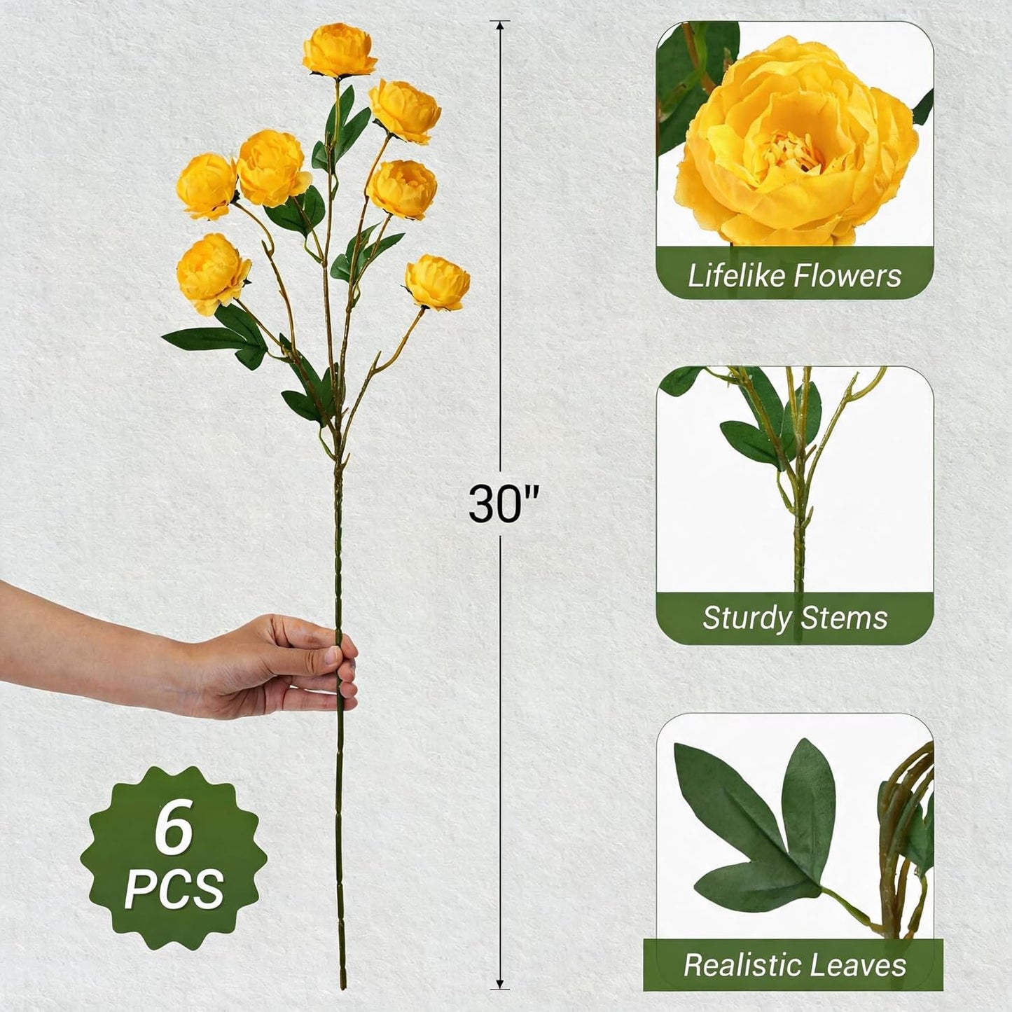 42 Heads Peonies Artificial Flowers – 6 Faux Peony Stems for Vase, 30” Tall Silk Fake Peony Flowers for Wedding Bouquets, Centerpieces Arrangements (Yellow)