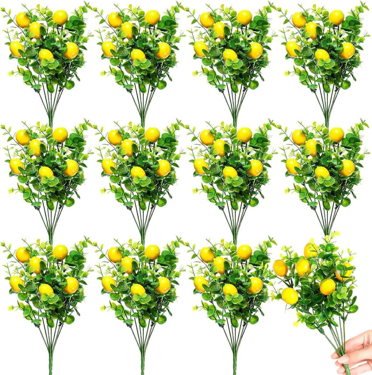 12 Pack Lemon for Decoration Fake Lemon Branches Artificial Vivid Yellow Faux Lemons Tables Centerpiece for Kitchen Stem Fruits for Home Spring Summer Decor