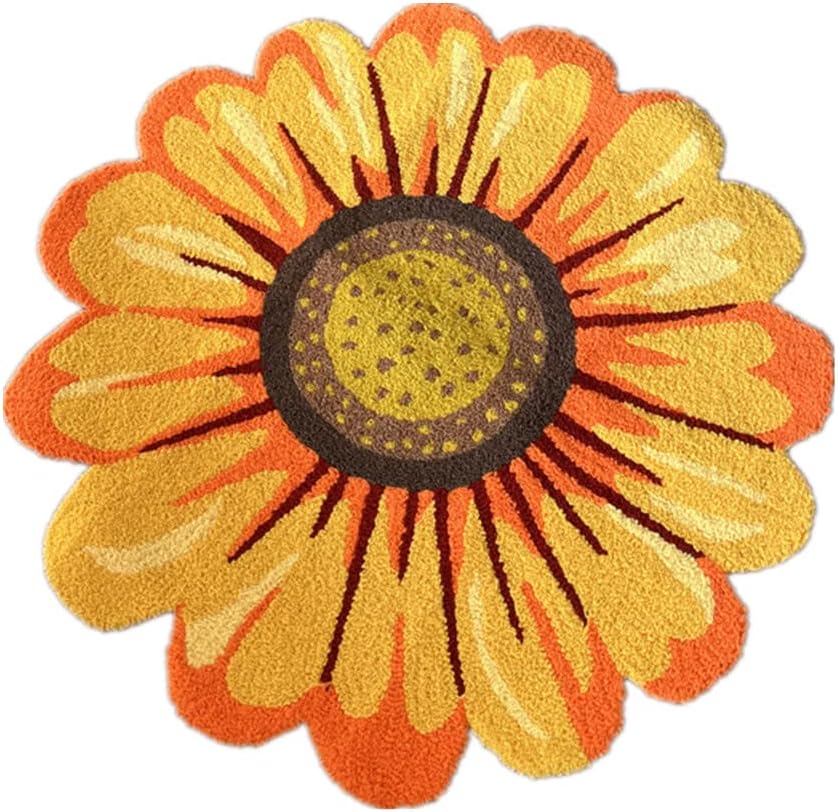 Yellow Sunflowers Shape Area Rugs,Hand Woven Round Floral Bath Rug for Bedroom,Playroom,Kitchen,Bathroom,Non-Slip Washable Small Carpet,25.6" X 25.6"