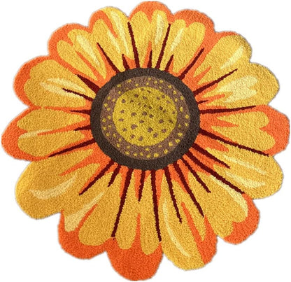 Yellow Sunflowers Shape Area Rugs,Hand Woven Round Floral Bath Rug for Bedroom,Playroom,Kitchen,Bathroom,Non-Slip Washable Small Carpet,25.6" X 25.6"