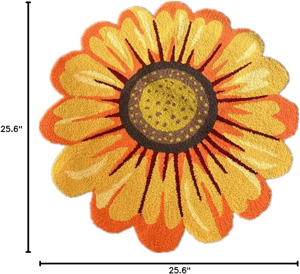 Yellow Sunflowers Shape Area Rugs,Hand Woven Round Floral Bath Rug for Bedroom,Playroom,Kitchen,Bathroom,Non-Slip Washable Small Carpet,25.6" X 25.6"