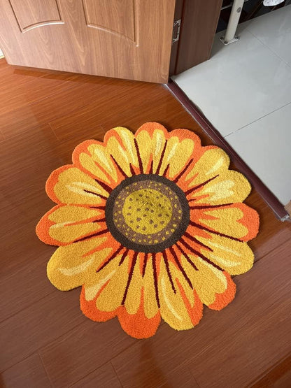 Yellow Sunflowers Shape Area Rugs,Hand Woven Round Floral Bath Rug for Bedroom,Playroom,Kitchen,Bathroom,Non-Slip Washable Small Carpet,25.6" X 25.6"
