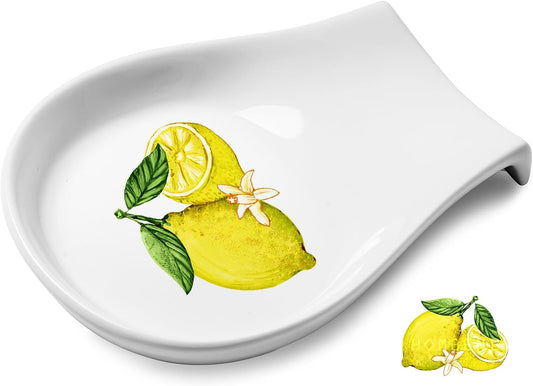Lemon Spoon Rest, White Ceramic Spoon Rest for Stove Top, Spoon Holder for Kitchen Counter, Lemon Decor, 5.5 inch
