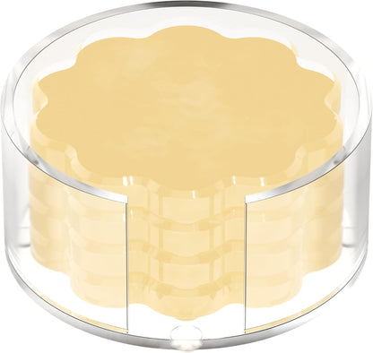 Scalloped Acrylic Drink Coaster Set 4‑Pack with Holder – Light Yellow Minimalist Beverage Coasters, Non‑Slip Table Protector, Modern Housewarming Gift