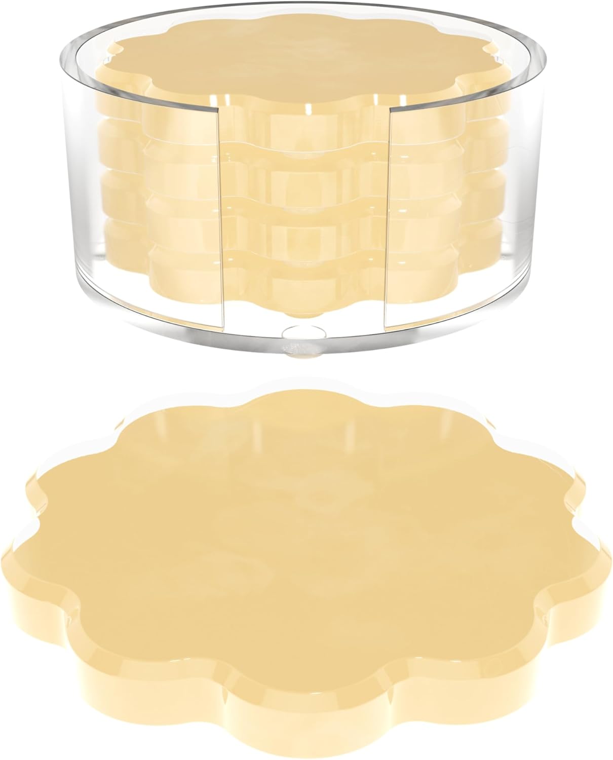 Scalloped Acrylic Drink Coaster Set 4‑Pack with Holder – Light Yellow Minimalist Beverage Coasters, Non‑Slip Table Protector, Modern Housewarming Gift