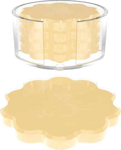 Scalloped Acrylic Drink Coaster Set 4‑Pack with Holder – Light Yellow Minimalist Beverage Coasters, Non‑Slip Table Protector, Modern Housewarming Gift