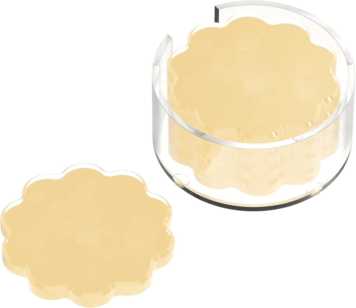 Scalloped Acrylic Drink Coaster Set 4‑Pack with Holder – Light Yellow Minimalist Beverage Coasters, Non‑Slip Table Protector, Modern Housewarming Gift