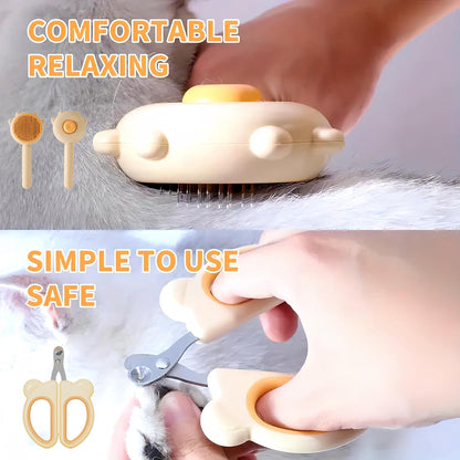 Pet Grooming Brush for Cats and Dogs,Cat Accessories Kit Cat Brush With Release Button&Professional Cat Nail Clipper For Pet Hair Cleaner And Claw Care (Yellow brush)