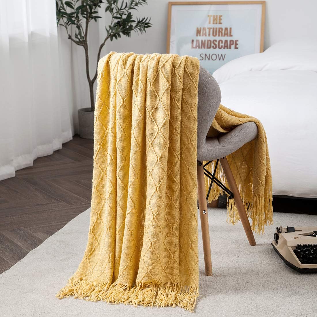 Knit Throw Blanket for Couch,Soft Knitted Blankets with Tassels Fringe 50" X 67.7", Decorative Lightweight Throws Blanket Farmhouse Bed Sofa Fall Outdoor, Yellow