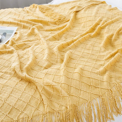 Knit Throw Blanket for Couch,Soft Knitted Blankets with Tassels Fringe 50" X 67.7", Decorative Lightweight Throws Blanket Farmhouse Bed Sofa Fall Outdoor, Yellow