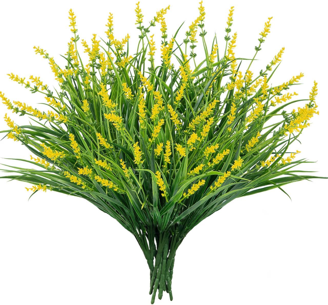 24 Pcs Artificial Plants Lavender Flowers for Outdoors, Yellow | Faux lavender flowers with fake monkey grass, UV resistant, plastic plants, porch garden patio window home decor