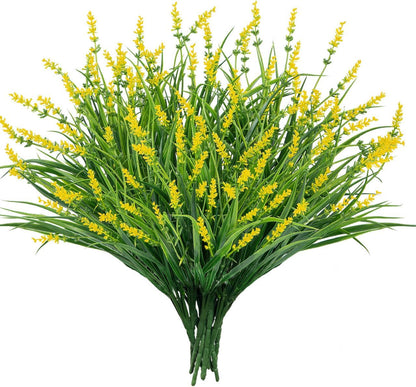 24 Pcs Artificial Plants Lavender Flowers for Outdoors, Yellow | Faux lavender flowers with fake monkey grass, UV resistant, plastic plants, porch garden patio window home decor