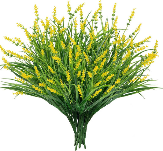 24 Pcs Artificial Plants Lavender Flowers for Outdoors, Yellow | Faux lavender flowers with fake monkey grass, UV resistant, plastic plants, porch garden patio window home decor