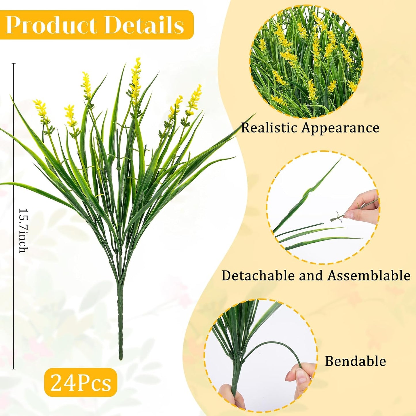 24 Pcs Artificial Plants Lavender Flowers for Outdoors, Yellow | Faux lavender flowers with fake monkey grass, UV resistant, plastic plants, porch garden patio window home decor