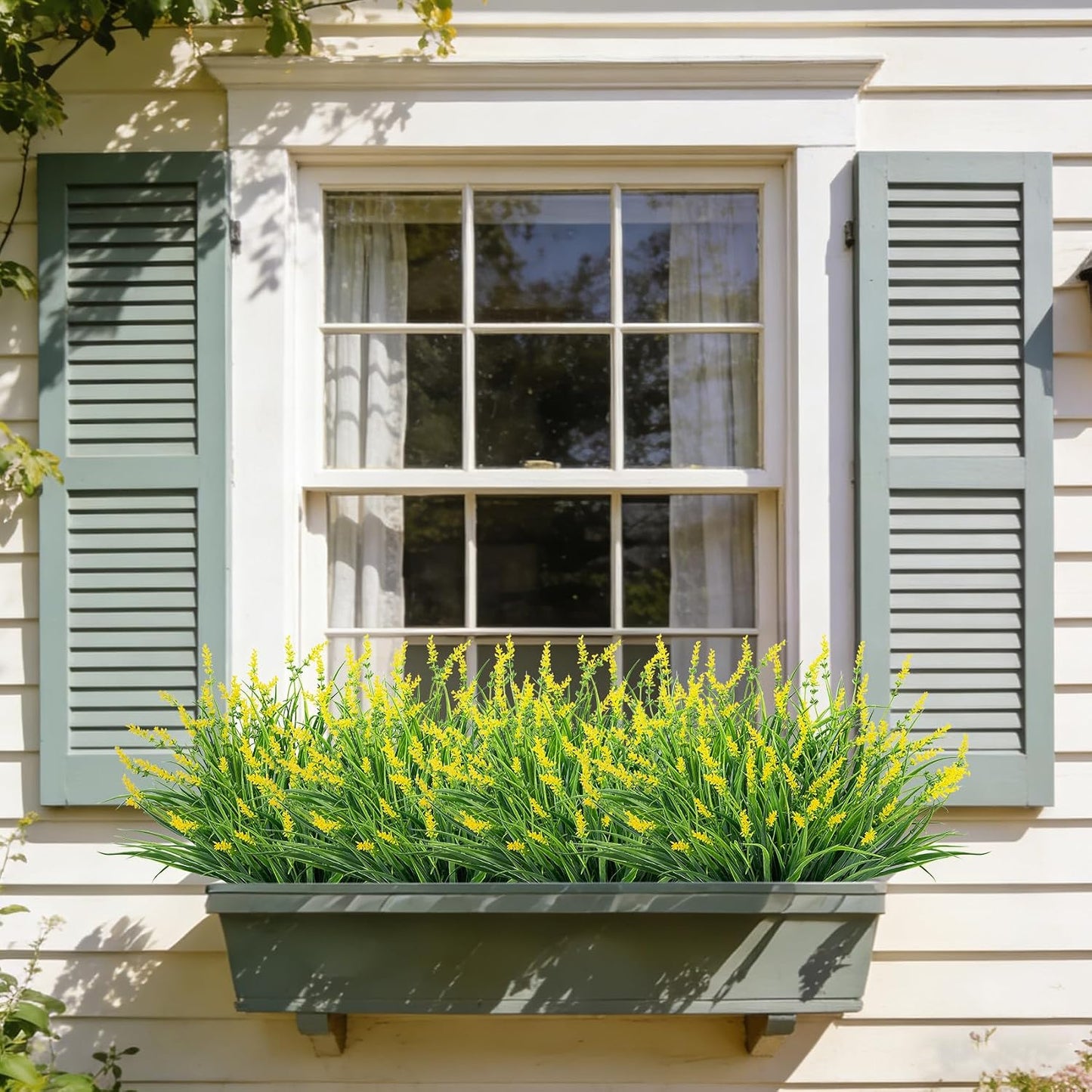 24 Pcs Artificial Plants Lavender Flowers for Outdoors, Yellow | Faux lavender flowers with fake monkey grass, UV resistant, plastic plants, porch garden patio window home decor