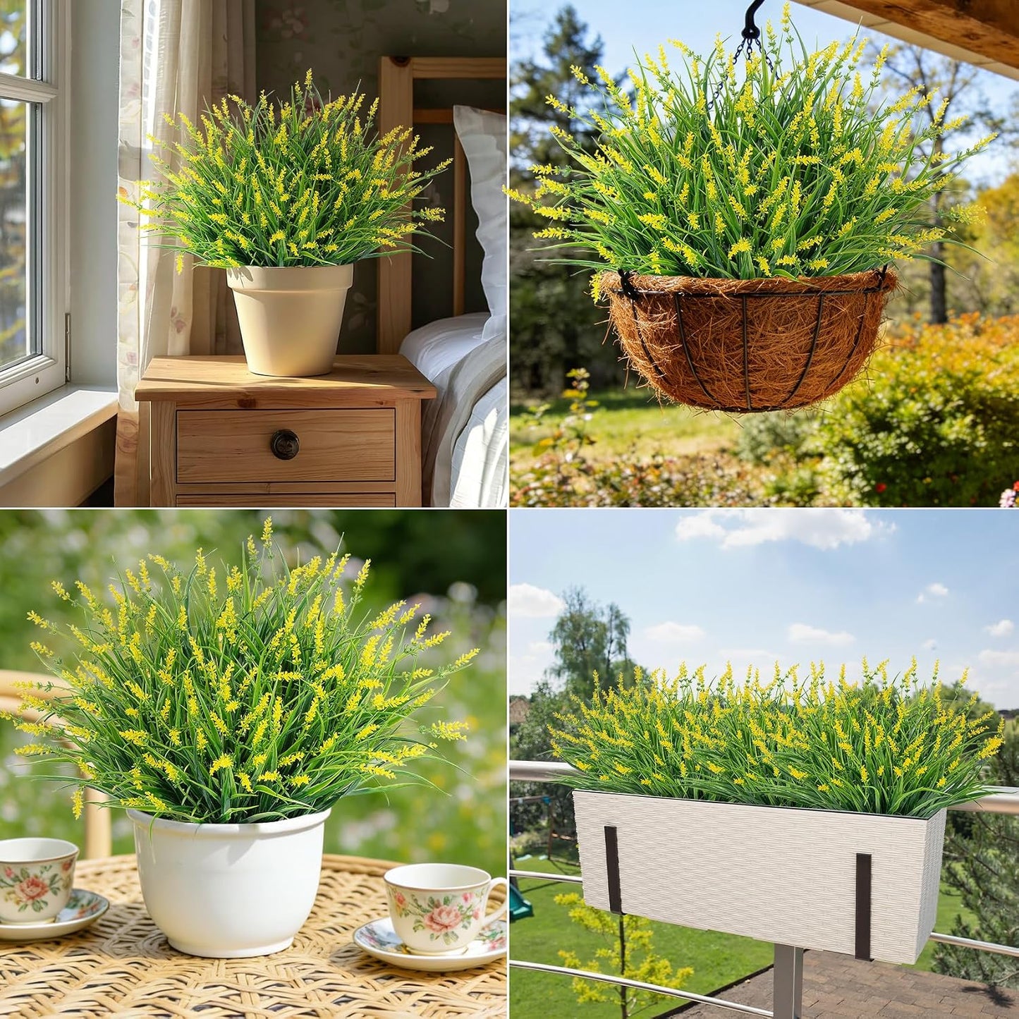 24 Pcs Artificial Plants Lavender Flowers for Outdoors, Yellow | Faux lavender flowers with fake monkey grass, UV resistant, plastic plants, porch garden patio window home decor