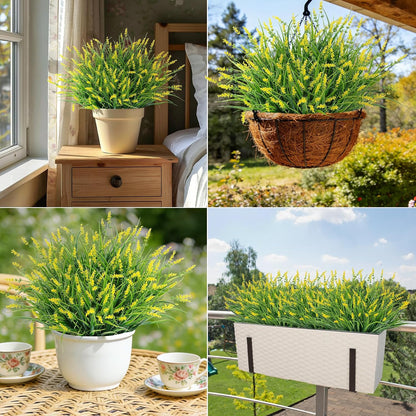 24 Pcs Artificial Plants Lavender Flowers for Outdoors, Yellow | Faux lavender flowers with fake monkey grass, UV resistant, plastic plants, porch garden patio window home decor