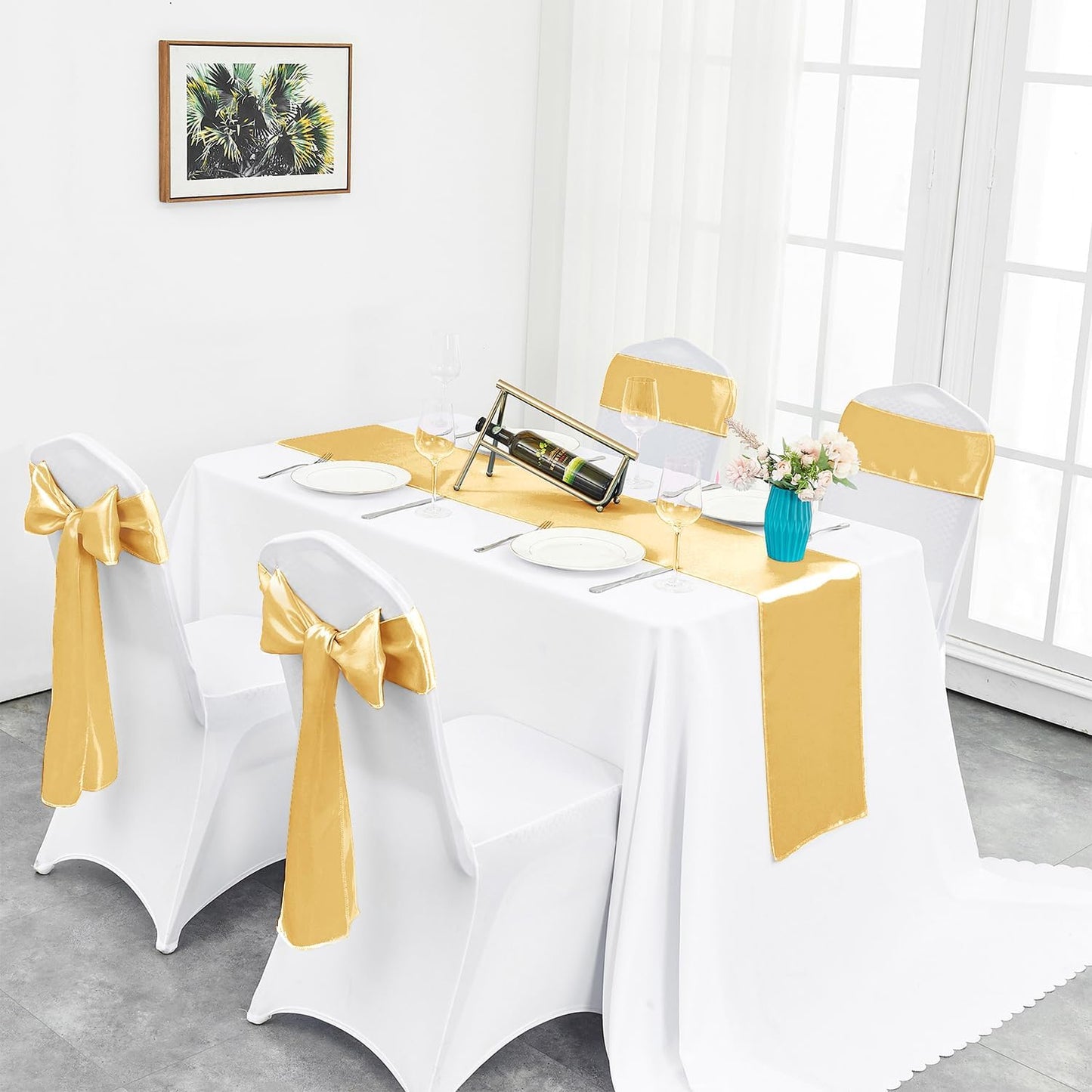 4-Pack Yellow Satin Table Runner 12 x 108 Inch Long Bright and Smooth Silk Fabric Table Runner for Wedding Banquet Birthday Party Decoration