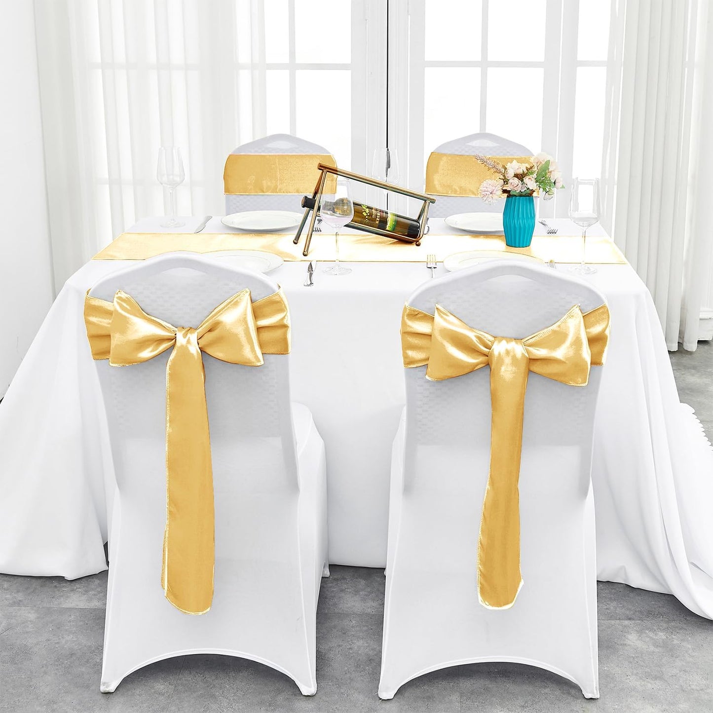 4-Pack Yellow Satin Table Runner 12 x 108 Inch Long Bright and Smooth Silk Fabric Table Runner for Wedding Banquet Birthday Party Decoration