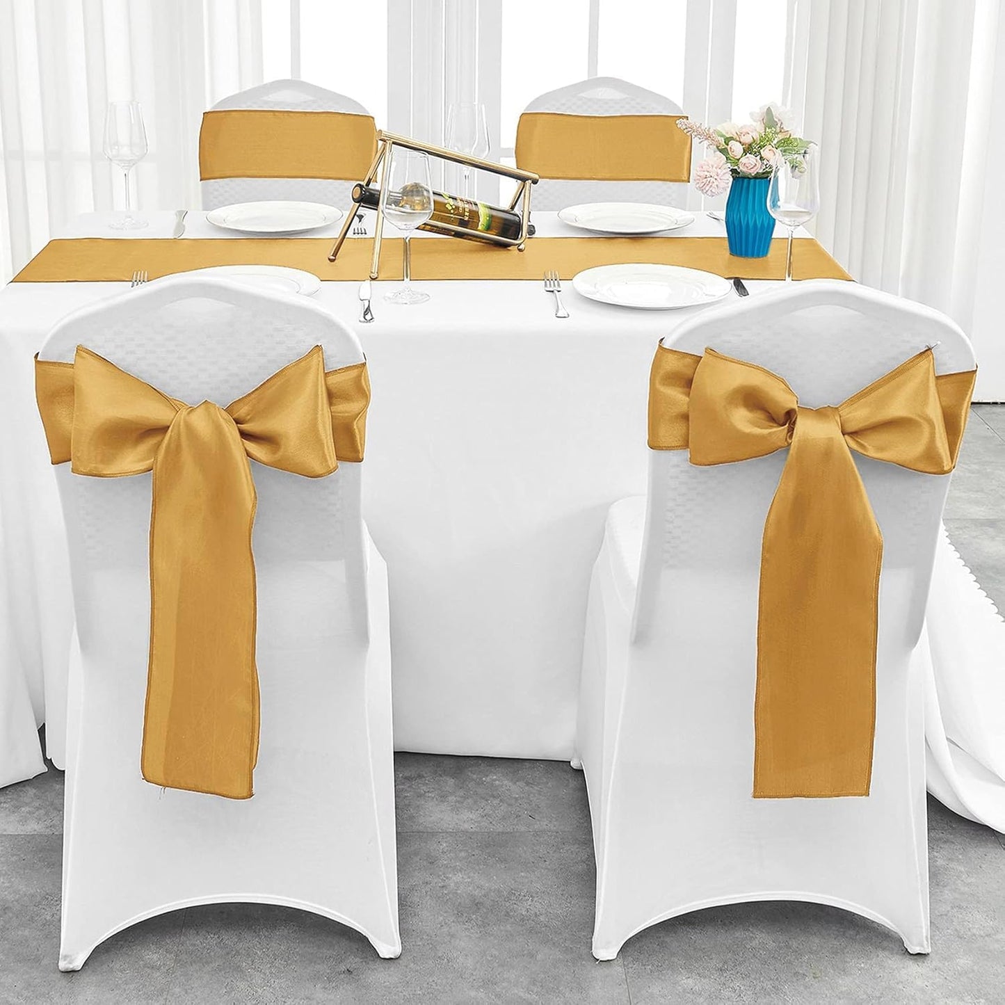 4-Pack Yellow Satin Table Runner 12 x 108 Inch Long Bright and Smooth Silk Fabric Table Runner for Wedding Banquet Birthday Party Decoration