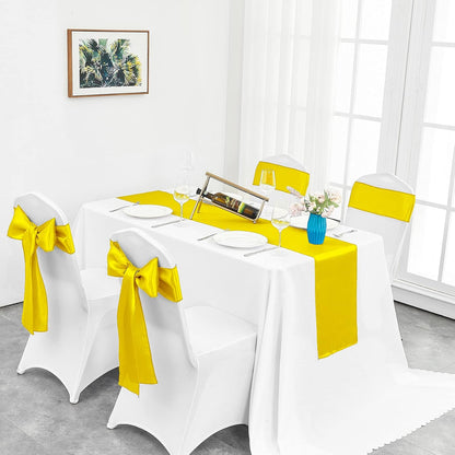 4-Pack Yellow Satin Table Runner 12 x 108 Inch Long Bright and Smooth Silk Fabric Table Runner for Wedding Banquet Birthday Party Decoration