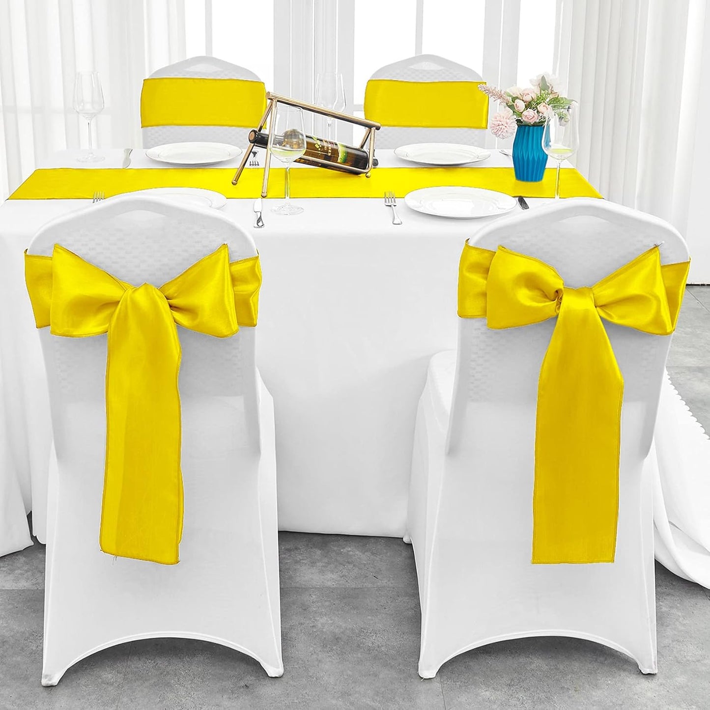 4-Pack Yellow Satin Table Runner 12 x 108 Inch Long Bright and Smooth Silk Fabric Table Runner for Wedding Banquet Birthday Party Decoration