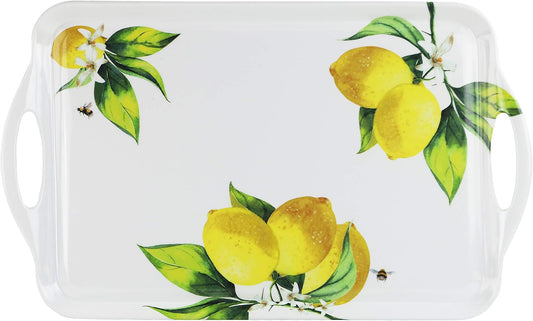 Calypso Basics Melamine Serving Ottoman Tray with Handles, Rectangular, Lemon, Lightweight, Durable, Multi-Purpose Use, Indoor, Outdoor, Camping, Server, Fresh Lemons